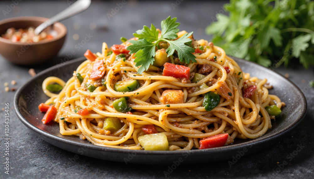 Spaghetti with vegetables in a black bowl Spaghetti with vegetables in a black bowl