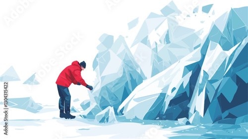 A stylized vector illustration depicting a person in red outerwear examining a large, geometrically-shaped ice formation or glacier. The background is primarily white, contrasting with the