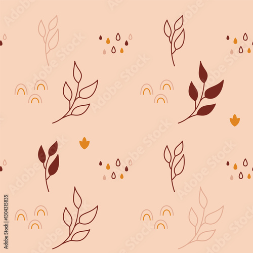 Wallpaper Mural Gender neutral bohemian baby seamless pattern with leaves rainbows drops. Torontodigital.ca