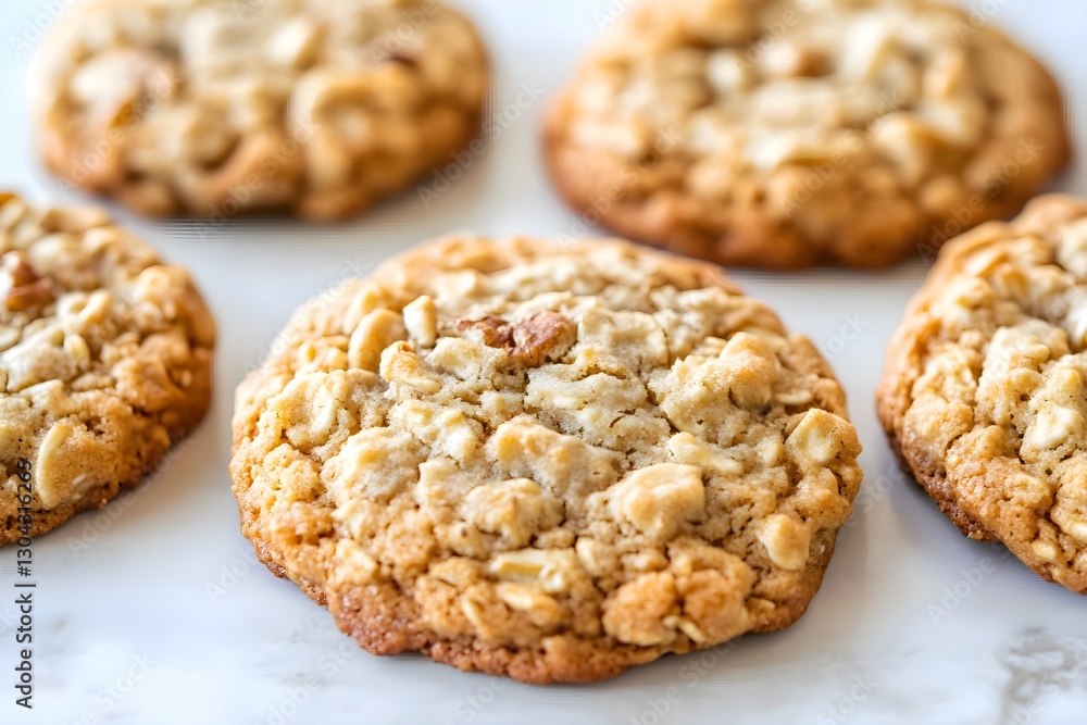 Close-up of homemade oatmeal cookies with nuts, golden brown and chewy Close-up of homemade oatmeal cookies with nuts, golden brown and chewy