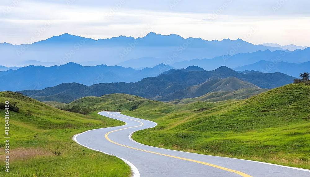 Naklejka premium Winding road through green hills and distant mountains