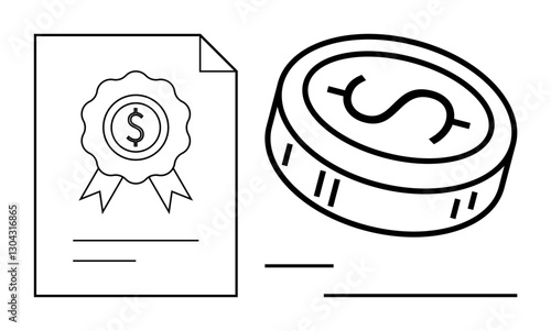 Document with award ribbon and dollar sign, accompanied by a coin. Ideal for finance, certification, contracts, investment, monetary reward, achievement banking. Flat simple metaphor