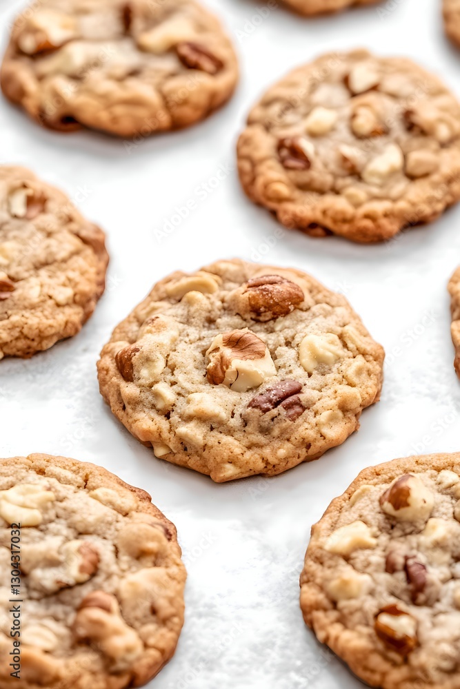Close-up of homemade oatmeal cookies with nuts, golden brown and chewy Close-up of homemade oatmeal cookies with nuts, golden brown and chewy