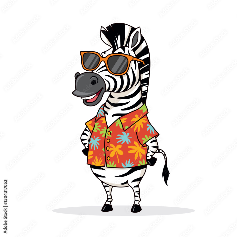 Fototapeta premium Cool Cartoon Zebra in Hawaiian Shirt and Sunglasses, Vector Illustration