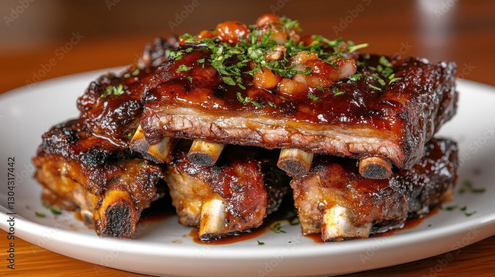 A towering stack of BBQ ribs dressed in a luscious sauce, perfectly cooked, showcasing their tender texture and glazed finish, ready to delight any meat lover. A towering stack of BBQ ribs dressed in a luscious sauce, perfectly cooked, showcasing their tender texture and glazed finish, ready to delight any meat lover.