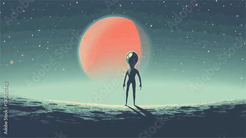 Digital painting or illustration depicting a stylized grey alien figure standing on a planetary surface at night. The alien is facing a large, reddish-orange planet dominating the sky.  The