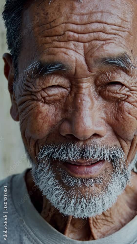Close-up video portrait of an elderly man with a serene expression, capturing detailed facial features from a front-facing angle. Live mobile wallpaper. Close-up video portrait of an elderly man with a serene expression, capturing detailed facial features from a front-facing angle. Live mobile wallpaper.
