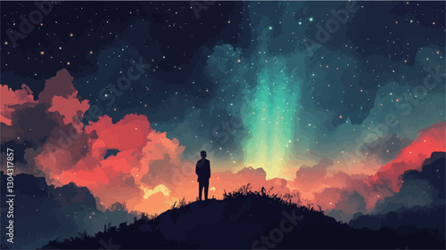 Digital painting depicting a solitary, dark silhouette of a person standing on a small hill against a dramatic night sky.  The sky features a vibrant display of colors, including a