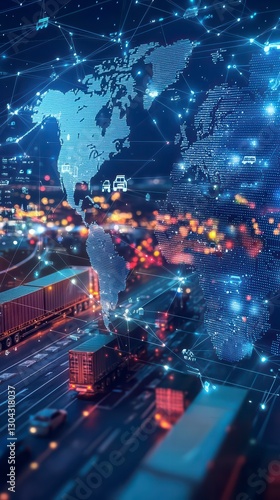 Global Connectivity: A mesmerizing depiction of a sprawling cityscape, intricately interwoven with a network of glowing nodes and lines, symbolizing global transport.