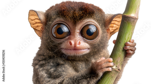 
Philippine tarsier gripping a bamboo stalk, tiny endangered primate, cut out on transparent background