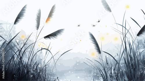 The image is a stylized depiction of a meadow at dawn. The color palette is predominantly grayscale with subtle hints of yellow-gold. Tall grasses dominate the foreground and midground,