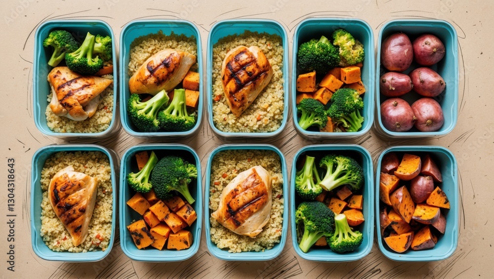 Chicken with Grain in Blue Containers, Broccoli and Potato Ready Meal. Portion of protein vegetables and carbs in meal prep boxes on beige background. Chicken with Grain in Blue Containers, Broccoli and Potato Ready Meal. Portion of protein vegetables and carbs in meal prep boxes on beige background.