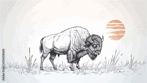 A monochrome ink drawing depicting a bison standing in a grassland setting. The bison is rendered in detail, showing its musculature and texture.  The background includes simple grass tufts