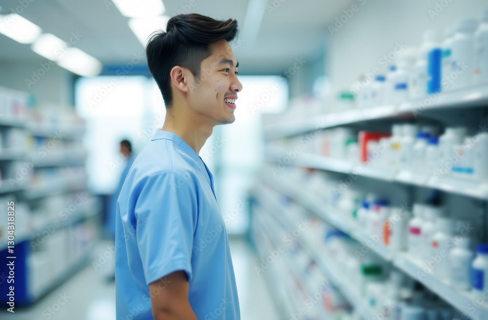 Fototapeta premium Young smiling Asian male pharmacist in medical clothes stands near medicine shelves.