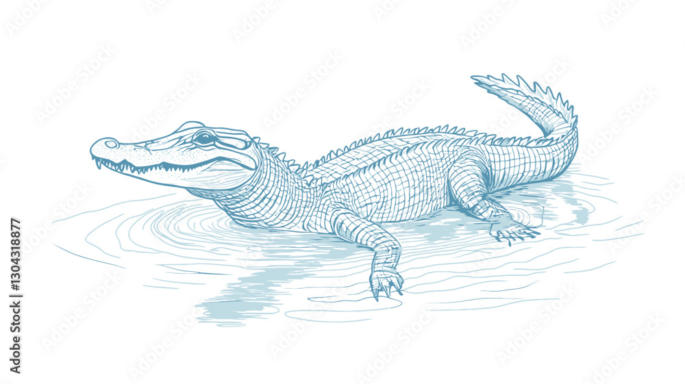Naklejka premium A stylized illustration of an alligator in water. The alligator is depicted in pale blue hues, rendered with fine lines creating texture on its skin. The water is suggested by subtle