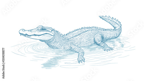 A stylized illustration of an alligator in water.  The alligator is depicted in pale blue hues, rendered with fine lines creating texture on its skin.  The water is suggested by subtle