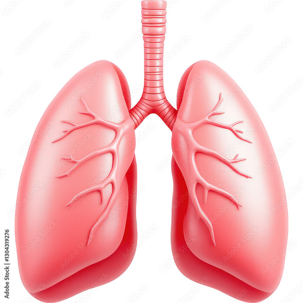 A 3D rendered image of human lungs, depicted in a smooth, stylized, and shiny pink color. The model shows the lungs' detailed structure and branching bronchi, emphasizing the organ's anatomical desig A 3D rendered image of human lungs, depicted in a smooth, stylized, and shiny pink color. The model shows the lungs' detailed structure and branching bronchi, emphasizing the organ's anatomical desig