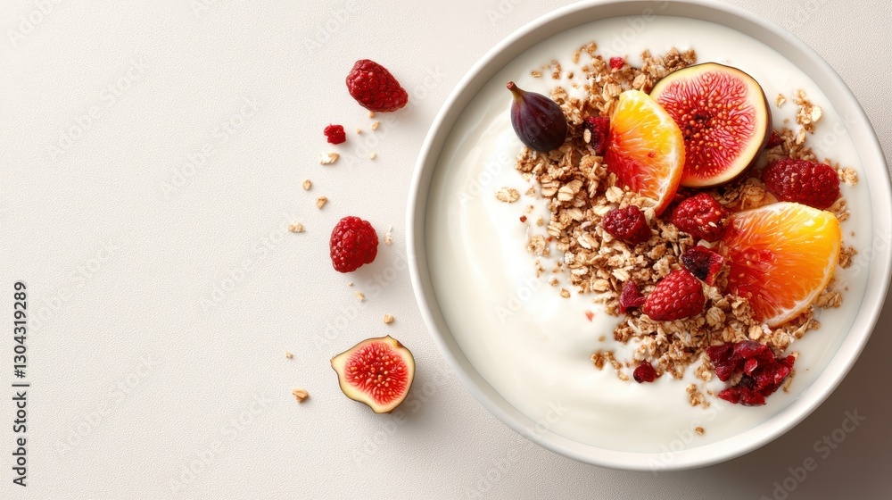 A delicious yogurt bowl adorned with fresh figs, raspberries, and granola creates a visually appealing and nutritious meal, perfect for health-conscious food lovers.