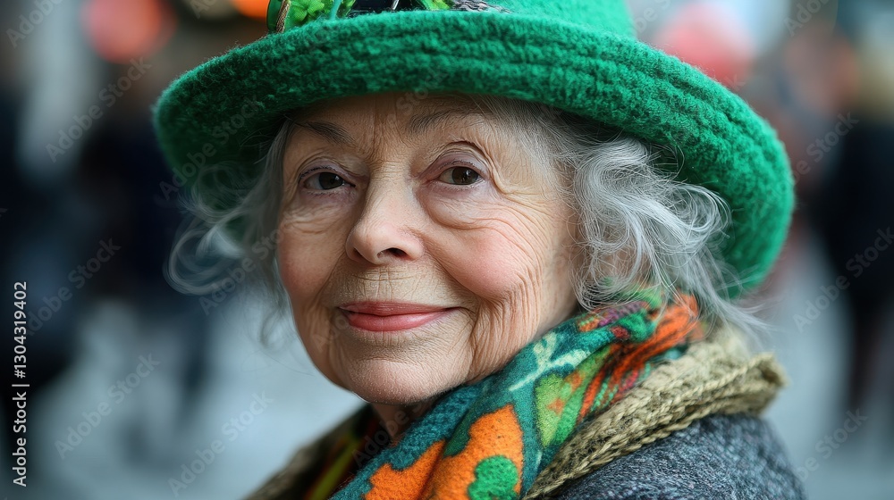 A radiant elderly lady, adorned in a vibrant green hat and an Irish-themed scarf, her eyes twinkling with mischief and a hint of warmth, radiated an aura of joy and charm. A radiant elderly lady, adorned in a vibrant green hat and an Irish-themed scarf, her eyes twinkling with mischief and a hint of warmth, radiated an aura of joy and charm.