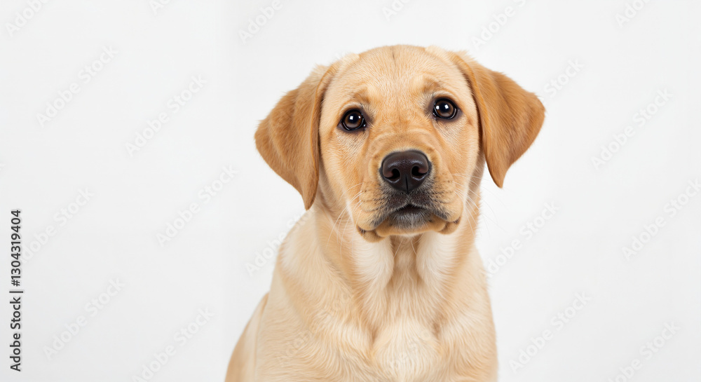Yellow Labrador Retriever Puppy with Attentive Mood Looking at the Camera Against a White Background with Copy Space Yellow Labrador Retriever Puppy with Attentive Mood Looking at the Camera Against a White Background with Copy Space