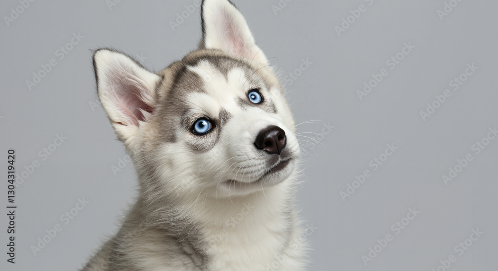 Fototapeta premium Siberian Husky Puppy with Inquisitive Mood Looking Up Against a Gray Background with Copy Space
