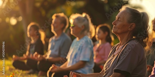 A group of elderly people practicing yoga in a park at sunset, promoting health, relaxation, and mindfulness in a peaceful natural environment