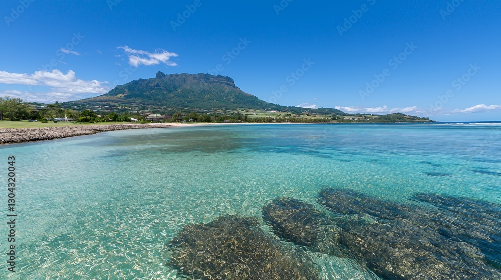 Tropical Island Beach with Clear Water and Mountain View Tropical Island Beach with Clear Water and Mountain View