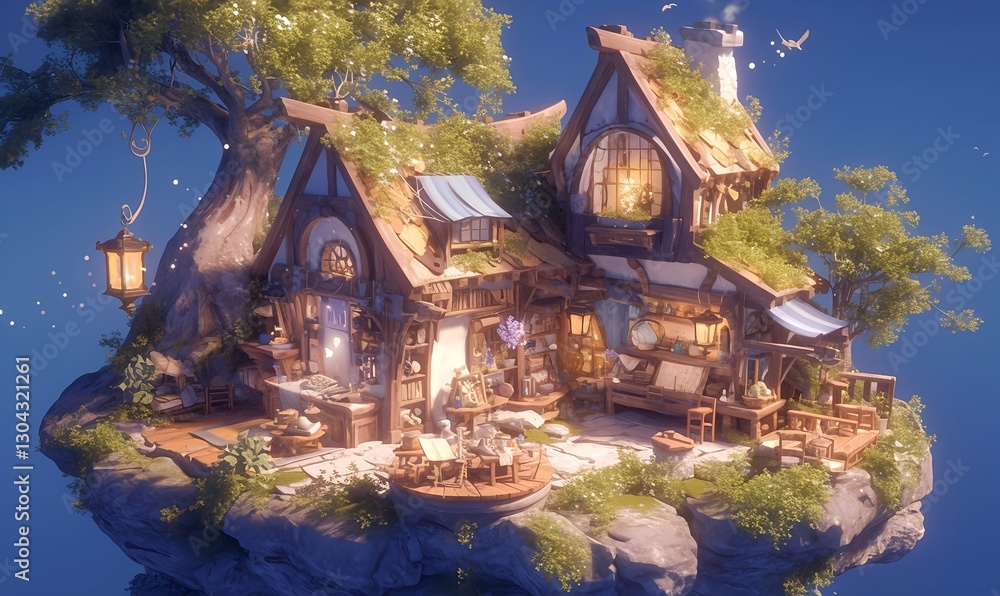 Fototapeta premium Cozy fantasy wizard house in an enchanted forest illustration