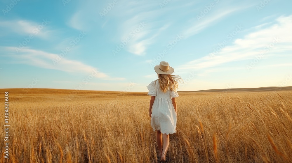 A woman in a flowing white dress walks through a golden wheat field, symbolizing grace and tranquility, portraying a serene partnership between humanity and nature in a beautiful landscape. A woman in a flowing white dress walks through a golden wheat field, symbolizing grace and tranquility, portraying a serene partnership between humanity and nature in a beautiful landscape.