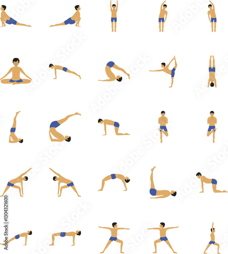 Set of 25 multicolor icons related to stress management.yoga poses set of man in various poses photo