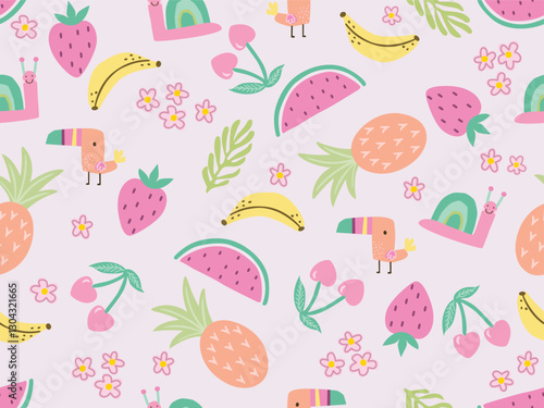 TROPICAL FRUITS AND BIRDS CONVERSATIONAL FLORAL DOODLE SEAMLESS PATTERN ALL OVER PRINT VECTOR ILLUSTRATION
