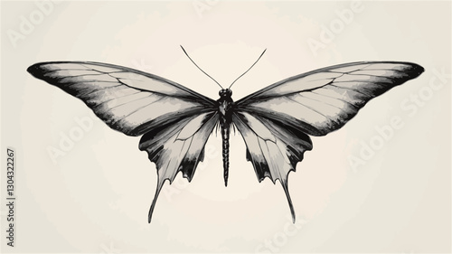 A detailed monochrome illustration of a butterfly. The image is rendered in shades of grey and black against an off-white background.  The butterfly is depicted with meticulously rendered