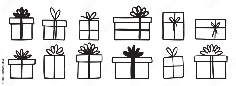 Fototapeta premium gift box doodle. Gift doodle bow present with ribbon illustration. Present hand drawn icon decorative outline element