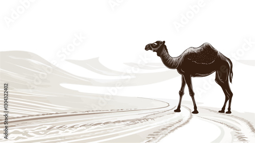 The image is a stylized illustration of a single camel standing on a sandy path in a desert landscape. The style is minimalist, with a limited color palette of browns and beiges, creating a