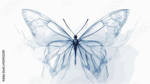 A digital illustration depicting a glasswing butterfly. The image is predominantly light blue and white, showcasing the butterfly's transparent wings with visible veins.  The style is