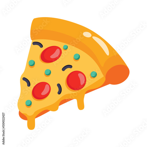 Showing 3d style icon of pizza slice with cheesy topping on it