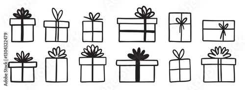 gift box doodle. Gift doodle bow present with ribbon illustration. Present hand drawn icon decorative outline element