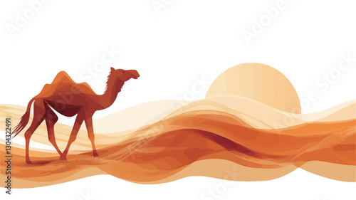 The image is a stylized illustration depicting a camel silhouette walking across undulating sand dunes against a setting sun. The color palette is predominantly warm oranges and browns. The
