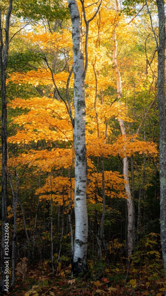 Autumn birch trees and vibrant foliage in sunlit forest Autumn birch trees and vibrant foliage in sunlit forest