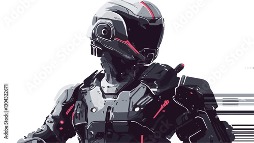 Digital illustration of a futuristic armored figure, predominantly grey and black with red accents. The figure is wearing a helmet that obscures the face, and the armor is detailed with