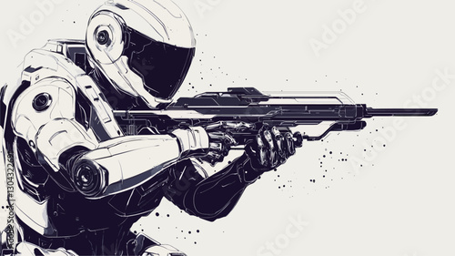 The image is a grayscale digital illustration depicting a futuristic soldier aiming a rifle. The soldier is wearing a full helmet and armored suit. The style is stylized and slightly