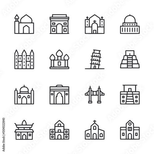 A set of icons of buildings and structures from around the world
