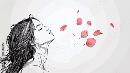 A grayscale pencil sketch depicting a woman with long flowing hair, her head tilted back, appearing to inhale falling rose petals.  The petals are rendered in shades of red/pink and are