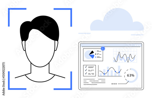 Human profile inside AI scanning frame paired with dashboard displaying analytics, graphs, and cloud storage. Ideal for technology, data security, privacy, AI, cloud computing, biometrics