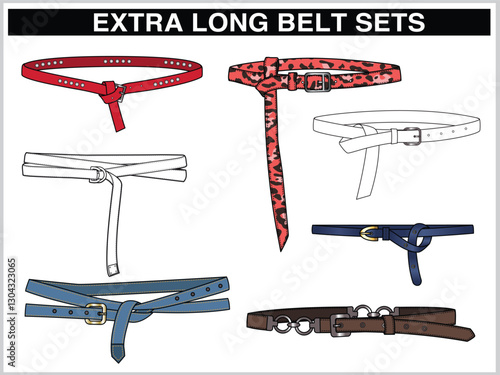 SET OF EXTRA LONG BELTS TIE KNOT FOR WAIST BAND, BAGS, SHOES, JACKETS, SHORTS, PANTS, DRESS GARMENTS, DRAWCORD AGLETS FOR CLOTHING AND ACCESSORIES VECTOR ILLUSTRATION