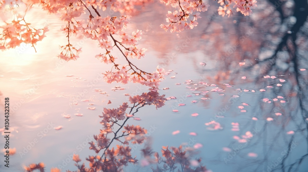 A serene expanse of water mirrored the ethereal beauty of cherry blossoms, their delicate pink petals floating like tiny, ephemeral fireworks on the surface, bathed in the soft glow of the morning A serene expanse of water mirrored the ethereal beauty of cherry blossoms, their delicate pink petals floating like tiny, ephemeral fireworks on the surface, bathed in the soft glow of the morning