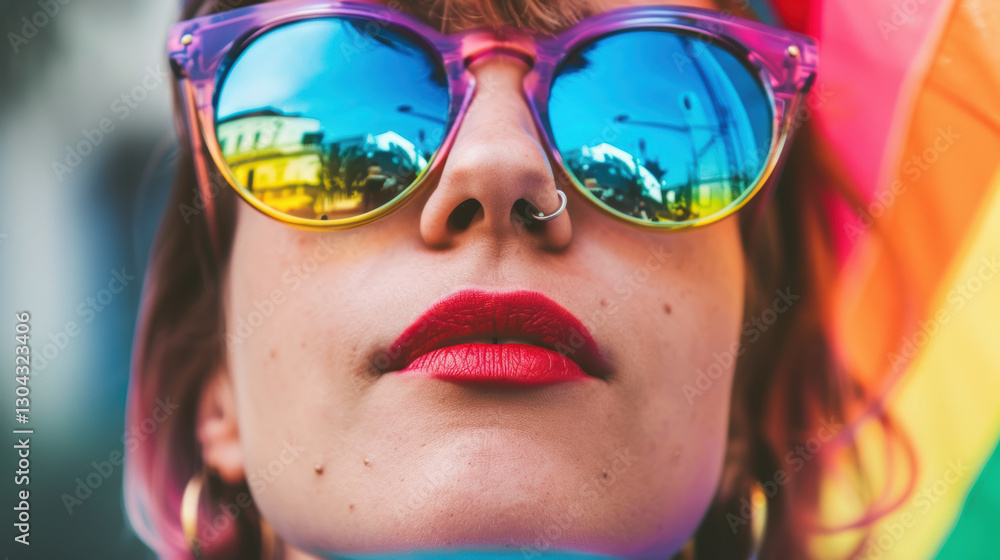 A woman with a nose ring and red lipstick is wearing sunglasses A woman with a nose ring and red lipstick is wearing sunglasses