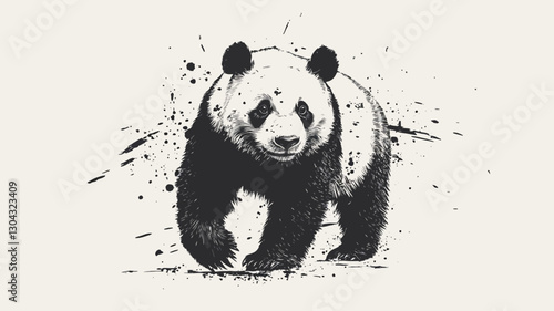 A stylized illustration of a giant panda rendered in black and white ink.  The image utilizes a splatter technique to create a textured background around the panda. The panda is depicted