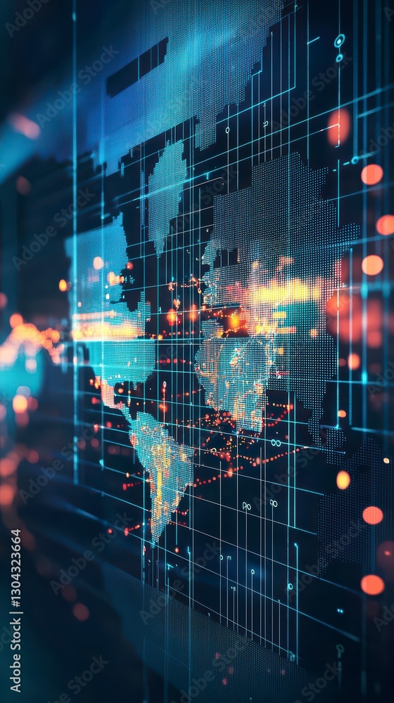 Obraz premium World Map with a Digital Data Overlay: Visualize global interconnectedness with this striking image of a world map overlaid with dynamic digital data streams.