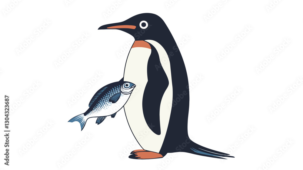 Obraz premium Illustration of a penguin holding a fish. The penguin is depicted in a simplified, cartoon-like style with black, white, and orange coloring. The fish is smaller, light gray/blue, and